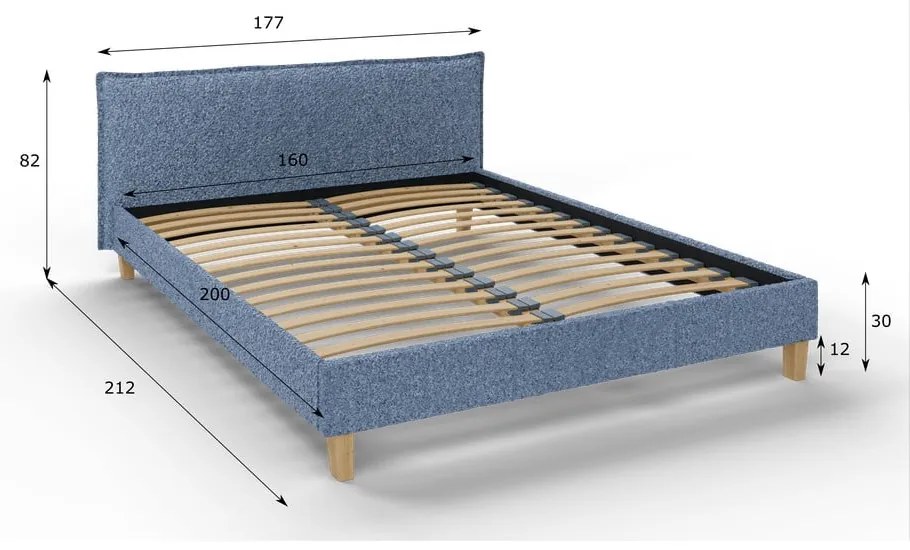 Modrá čalúnená dvojlôžková posteľ s roštom 160x200 cm Tina - Ropez
