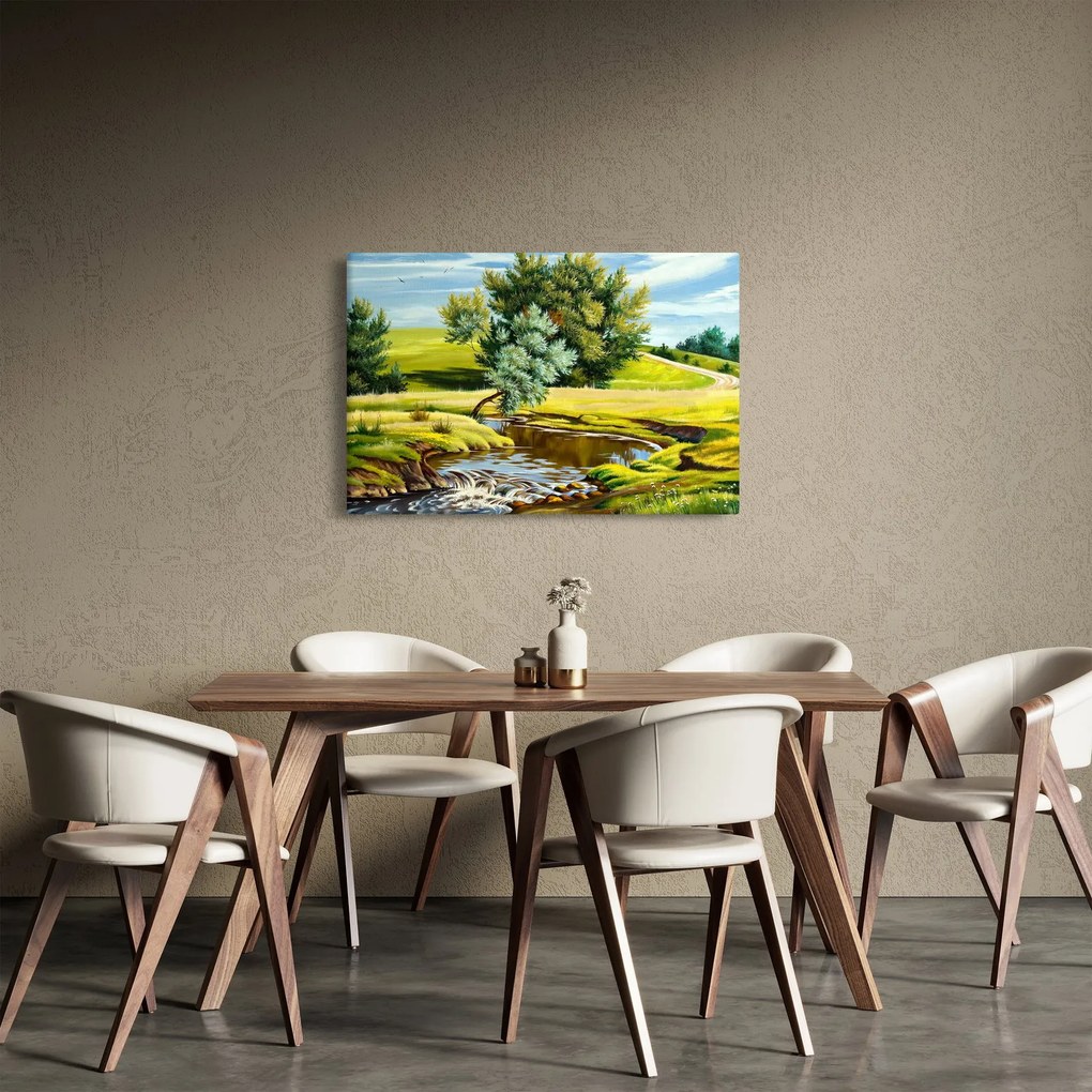 Obraz - Rieka medzi lúkami, olejomaľba (90x60 cm)