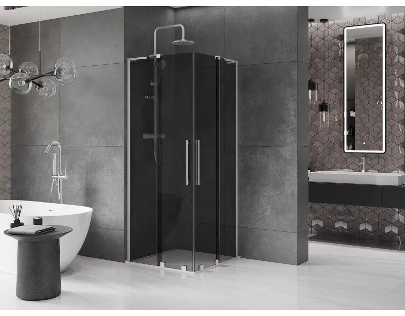 Mexen Velar L Duo, sprchový kút s posuvnými dverami 80 x 80 cm, 8mm šedé sklo, brúsená oceľ, 871-080-080-02-43-97