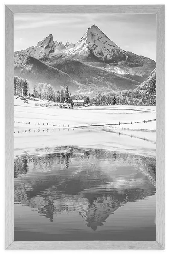 Plagát zasnežená krajina v Alpách v čiernobielom prevedení - 60x90 silver