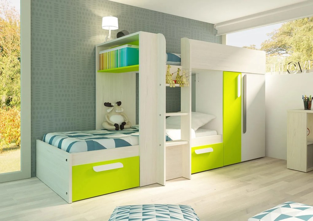 Poschodová posteľ pre dve deti Bo1 90x190 - bielená borovica, zelená
