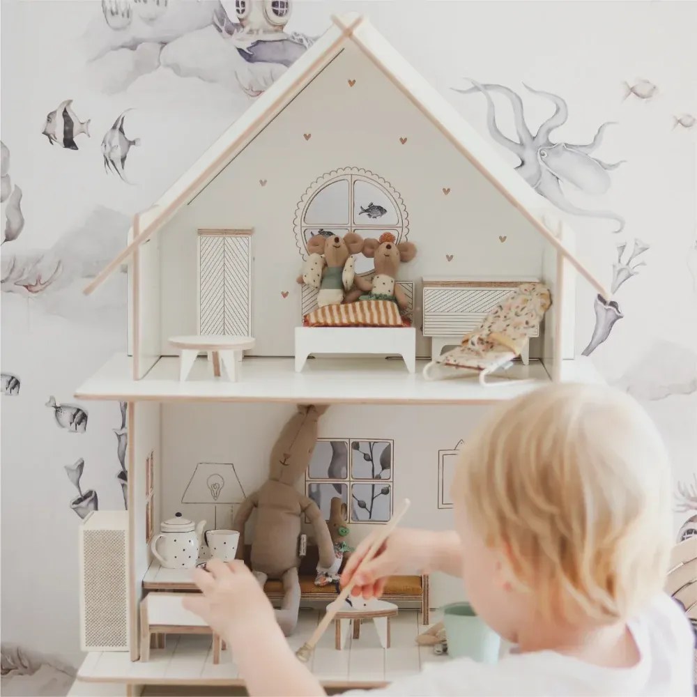 Detský drevený domček pre bábiky s nábytkom