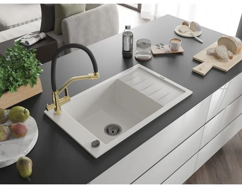 Mexen Elias, 1-komorový granitový drez 795x480x200 mm a drezová batéria Duo, biela, 6511-20-671701-57-B