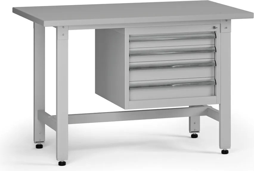 Výškovo nastaviteľný dielenský stôl G5, 1200 x 750 x 800-1000 mm, 1x kontajner, 4 zásuvky, sivá
