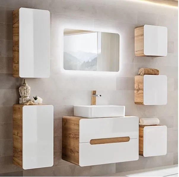 Zostava kúpeľňového nábytku BÁRA 80 cm s nástenným zrkadlom vr. keramického umývadla na dosku