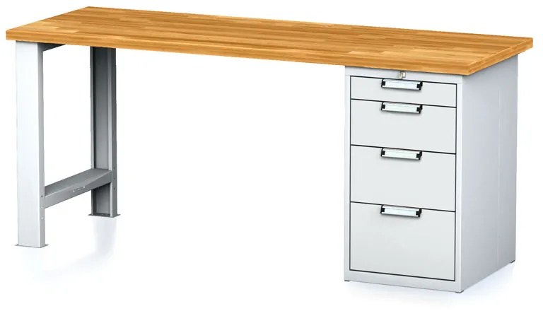 Dielenský pracovný stôl MECHANIC I, pevná noha + dielenský box na náradie, 4 zásuvky, 2000 x 685 x 880 mm, sivé dvere