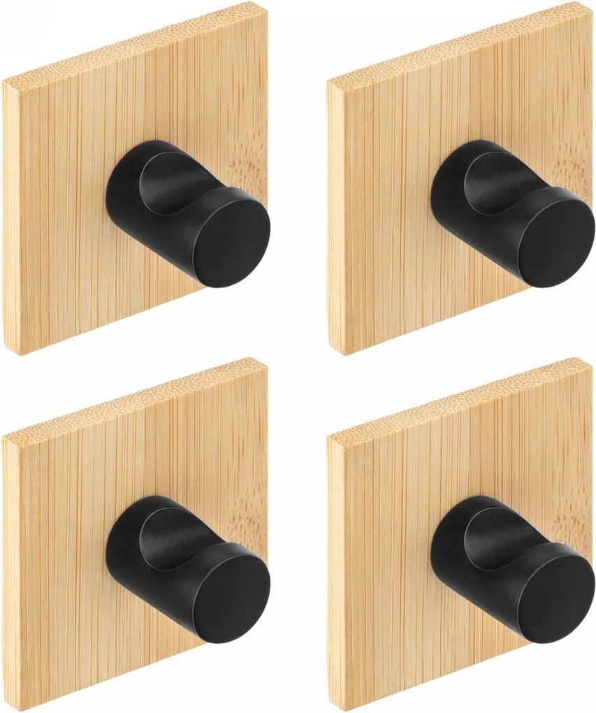 Erga Ozi, samolepiace háčiky na uteráky bez vŕtania, 4ks, 5×5 cm, bambus / čierna matná, ERG-YKA-CH.OZI4-BLK