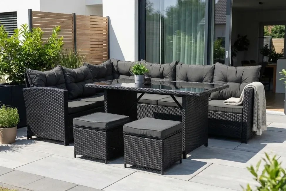 Záhradné sedenie Corsica – Priestranný rohový set s jedálenským stolom Čierny