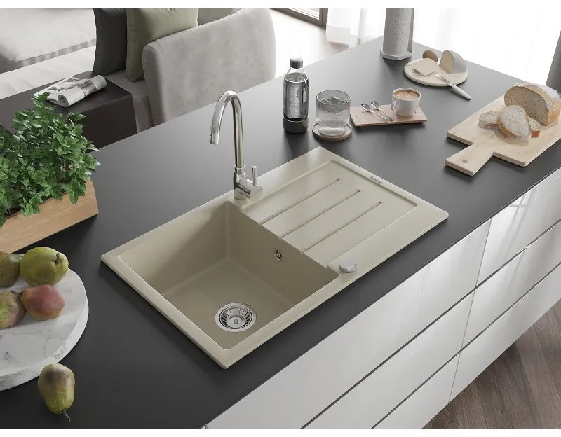 Mexen Bruno, 1-komorový granitový drez s odkvapkávačom 795x495x200 mm a chrómová kuchynská batéria Telma, béžová, 6513-69-670200-00