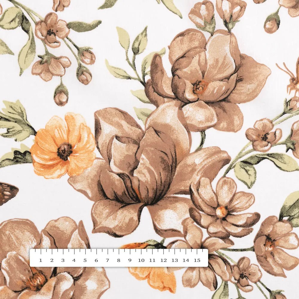 Biante Bavlnený behúň na stôl Sandra SA-458 Hnedé kvety magnólie s motýlikmi na bielom 45x180 cm