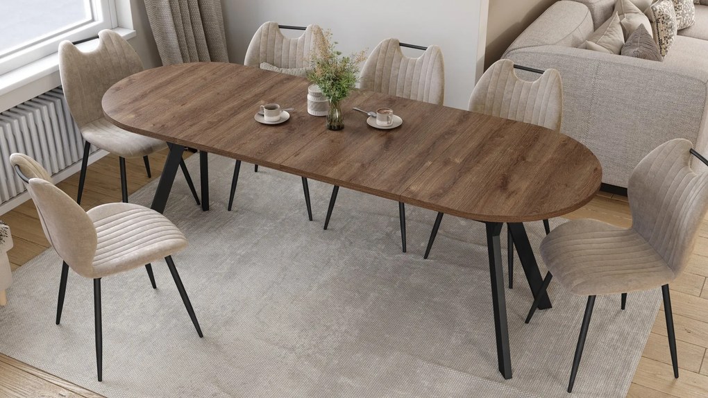 Mazzoni ALMO Hnedý dub / čierne nohy - OVÁLNY ROZKLADACÍ STÔL 140-240 cm PRE 10-12 OSÔB