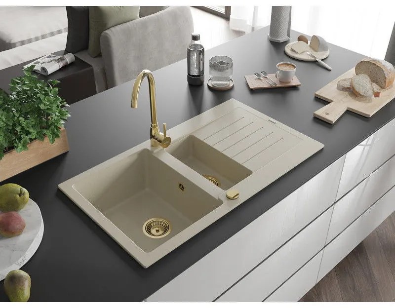 Mexen Matias, granitový drez 900x505x200 mm, 1,5-komorový a zlatá batéria Telma, béžová, 6502-69-670200-50
