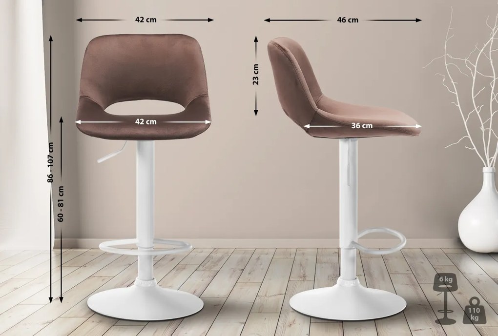 Barová stolička Camden - zamat, biely rám Hnedá