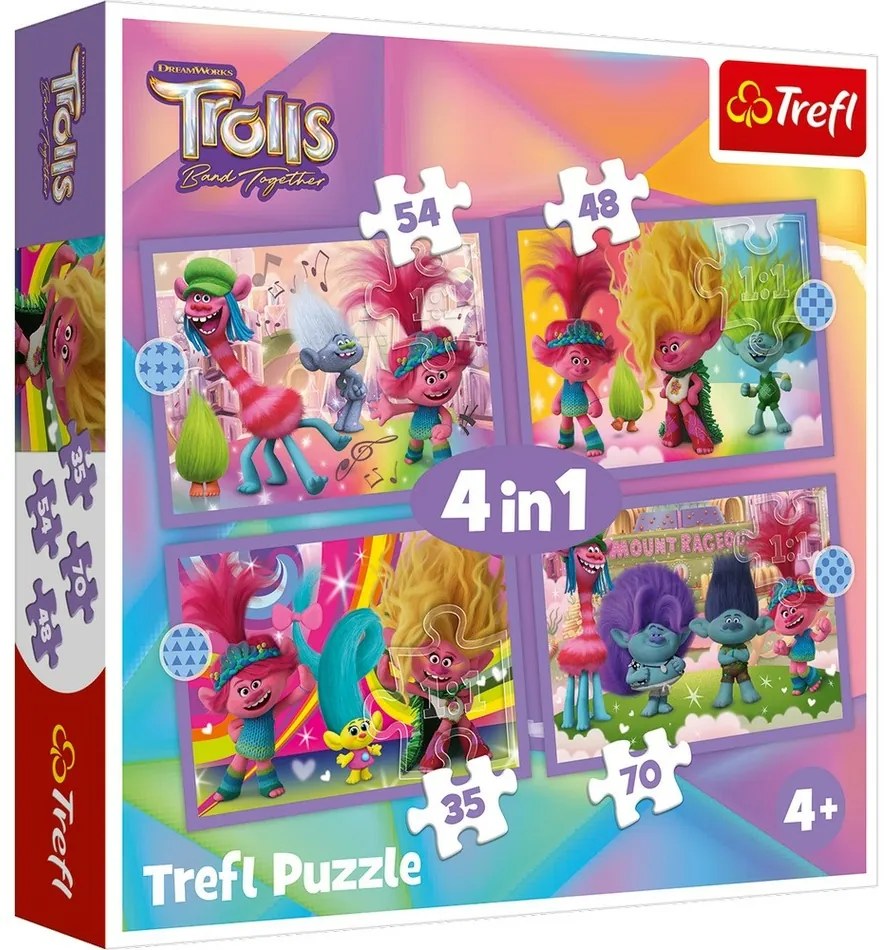 Trefl Puzzle Trollovia 3 Farebné dobrodružstvo, 4v1 (35, 48, 54, 70 dielikov)