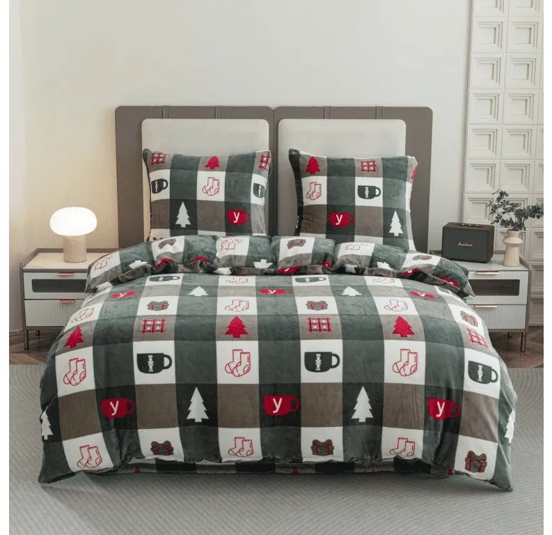 Súprava mikroplyšových obliečok CHRISTMAS SOCKS zelené + plachta mikroplyš SOFT 180x200 cm biela, dvojlôžko