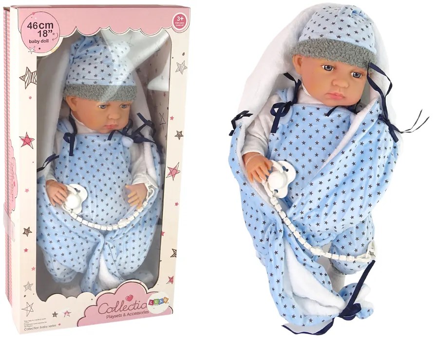 Lean Toys Bábika v zavinovacej deke – modrá 46 cm