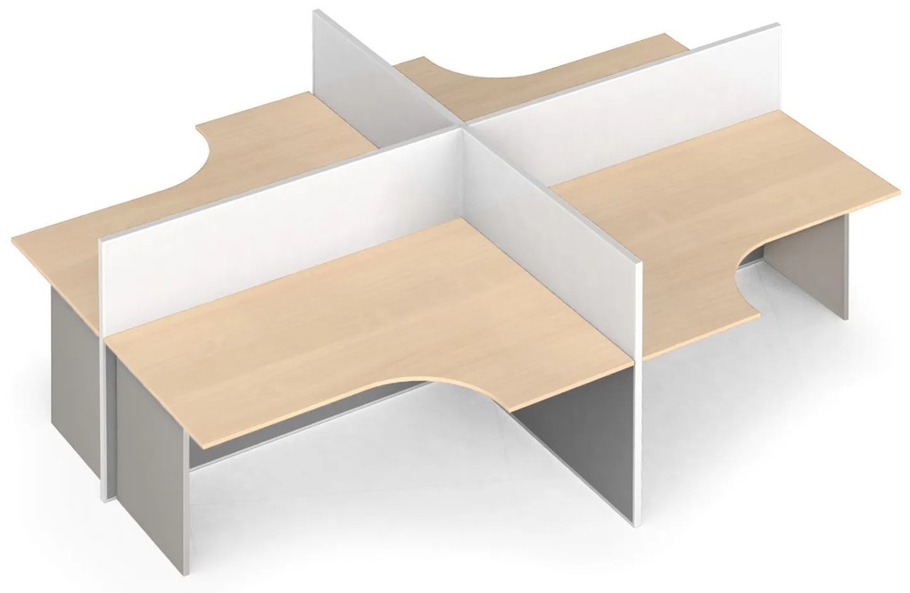 Rohový kancelársky písací stôl PRIMO s paravánom, otvorený, magnetická tabuľa, 4 miesta, sivá/breza