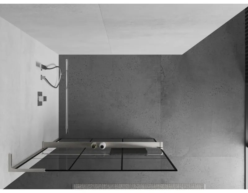 Mexen Kioto+ L, sprchová zástena Walk-In s poličkou a vešiakom 100 x 200 cm, 8mm číre sklo čierny vzor, brúsená oceľ profil, 800-100-123-97-77