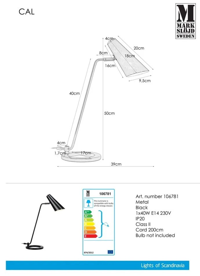 Čierna stolová lampa Markslöjd Cal