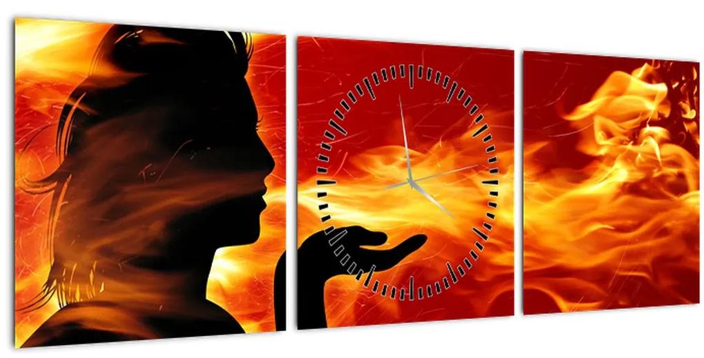 Obraz zeny s plameňmi (s hodinami) (90x30 cm)