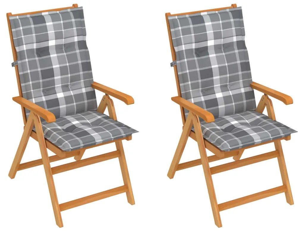 Záhradné stoličky 2 ks so sivými kockovanými podložkami tíkový masív 3062405