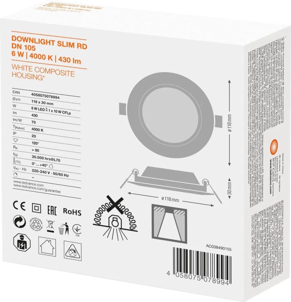 Zapustený zapustený LED panel 6W 4000K DOWNLIGHT Slim DN105 LEDVANCE round