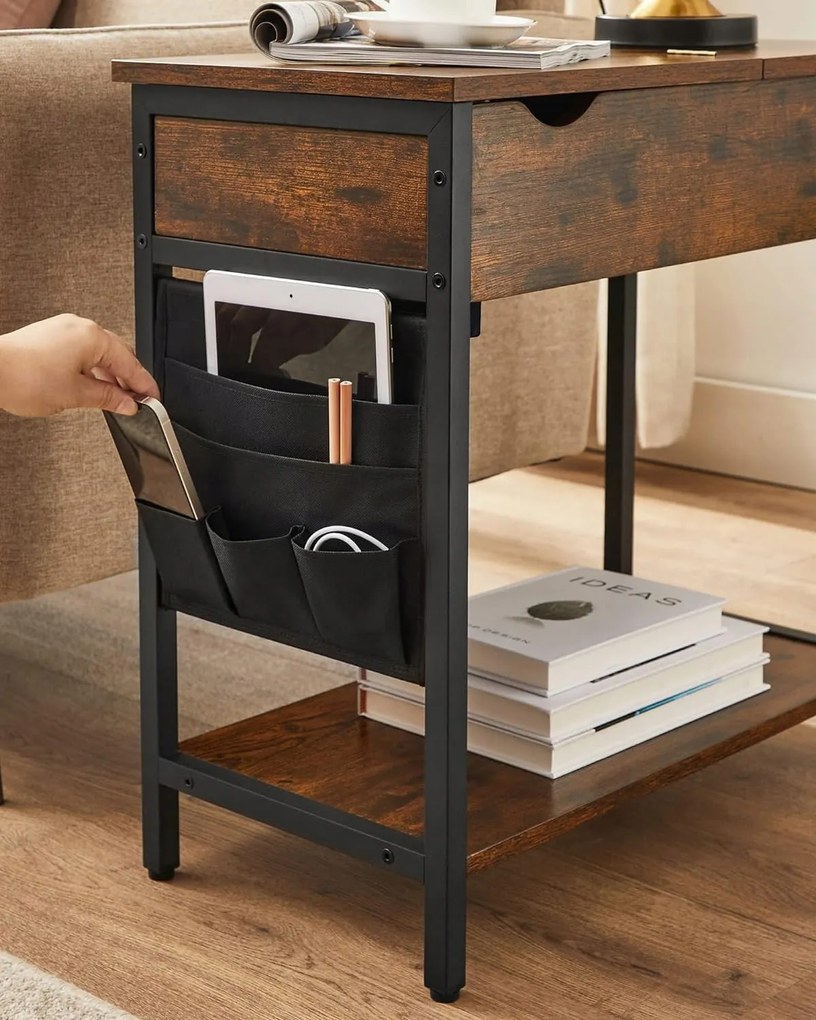 Odkladací stolík s predlžovacím káblom a nabíjačkami TAYLOR 60x31,5 cm, rustikálne hnedý