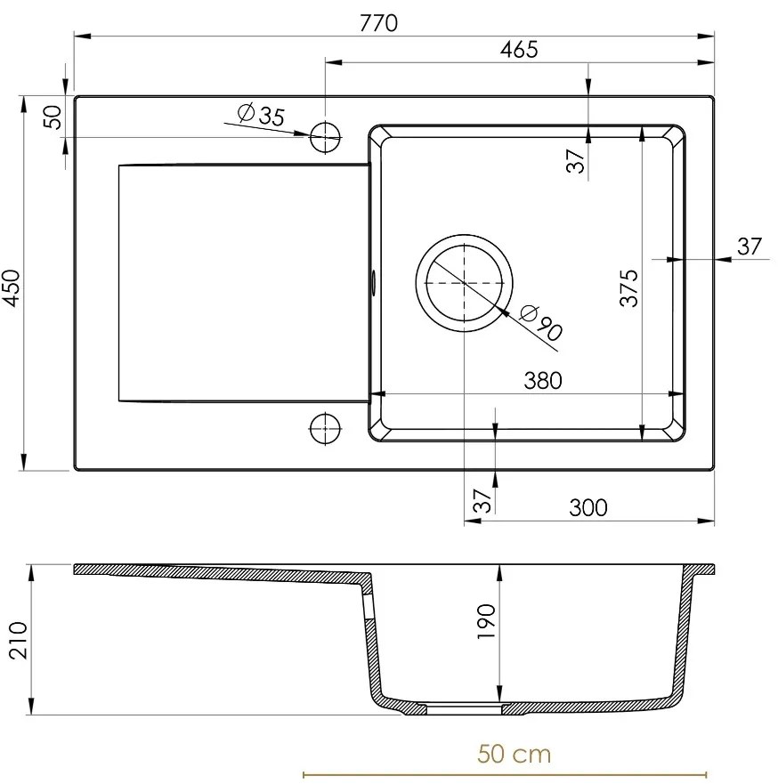 Sink Quality Ferrum, kuchynský granitový drez 770x450x190 mm + zlatý sifón, čierna, SKQ-FER.C.1KDO.XG