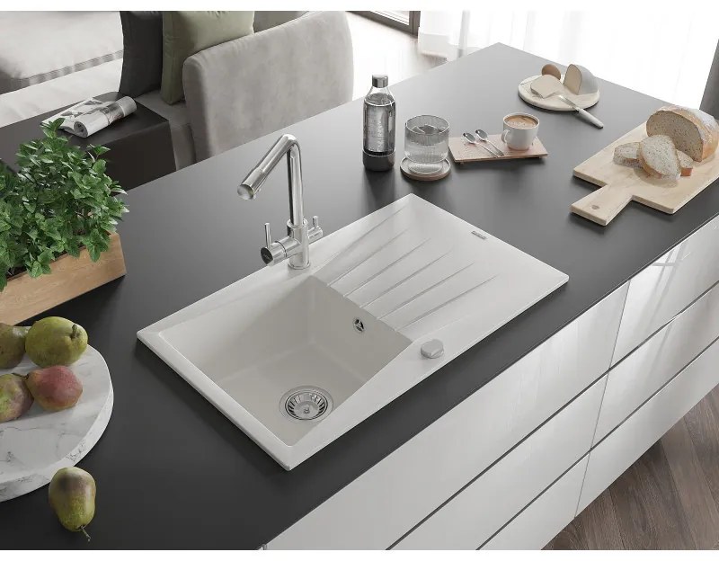 Mexen Cesar, granitový drez 775x470x190 mm, 1-komorový a chrómová batéria Duero, biela, 6514-20-671600-00