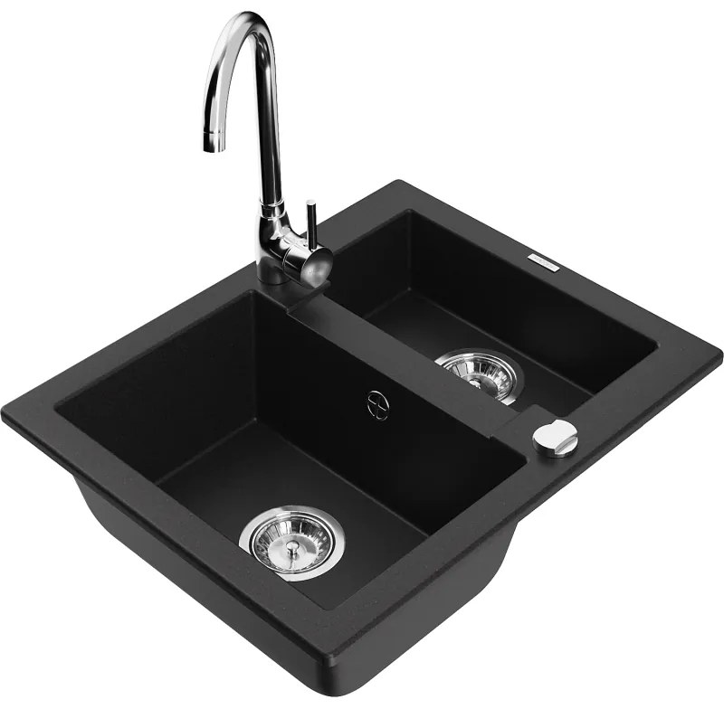 Mexen Carlos, granitový drez 582x475x177 mm, 1,5-komorový a chrómová drezová batéria Telma, čierna, 6518-77-670200-00