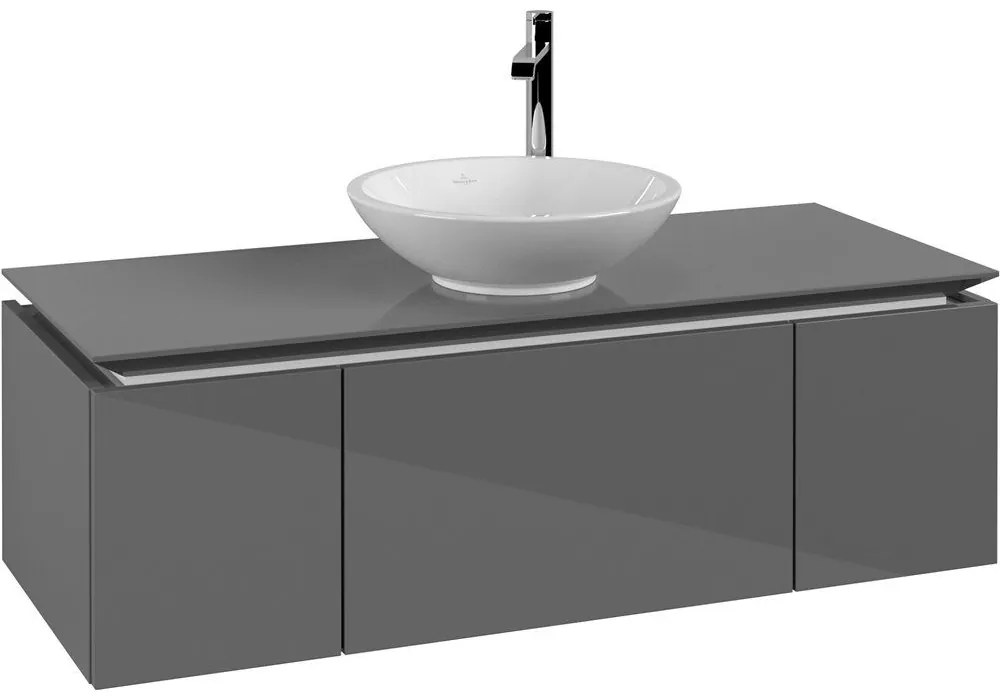 VILLEROY &amp; BOCH Legato závesná skrinka pod umývadlo na dosku (umývadlo v strede), 3 zásuvky, 1200 x 500 x 380 mm, Glossy Grey, B57700FP