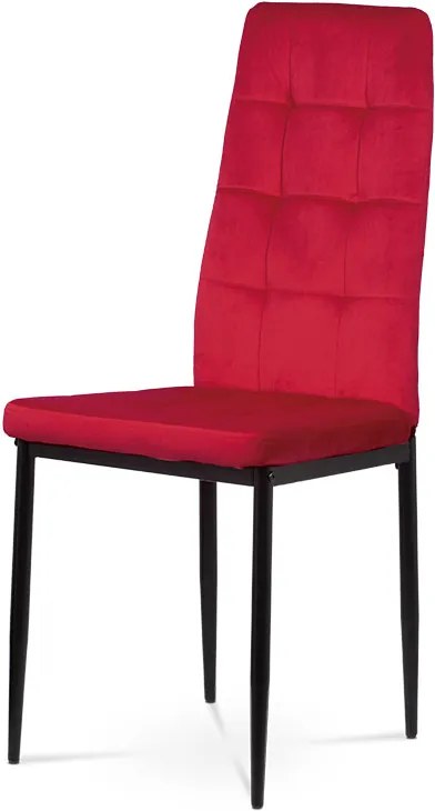 Jedálenská stolička, čalúnená príjemnou lanýžovou červenou látkou kovová štvornohá podnož, čierny matný lak