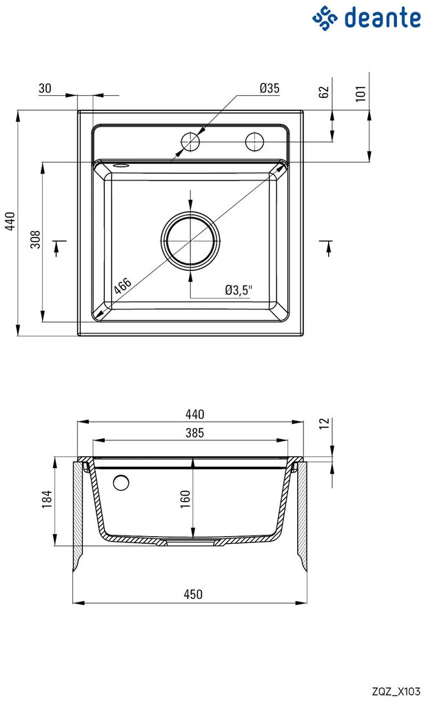 Deante Zorba, granitový drez 440x440x184 mm B/O, 3,5" + priestorovo úsporný sifón, 1-komorový, grafitová metalíza, ZQZ_G103