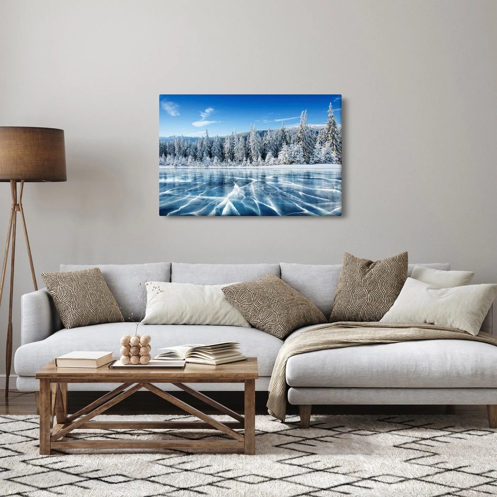 Obraz zamrznutého jazera a zasnežených stromov (90x60 cm)
