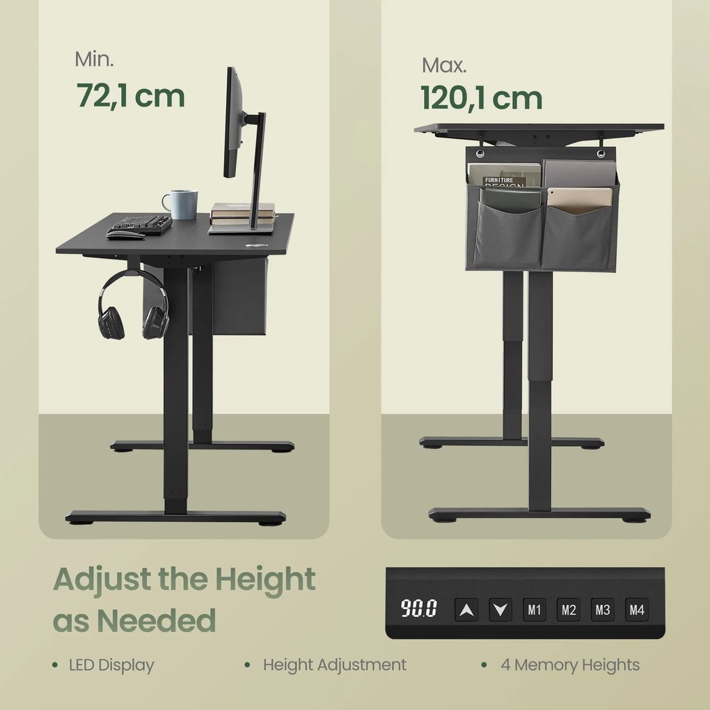 Elektricky nastaviteľný výškovo regulovateľný stôl, 160×70 cm, s 4 pamäťovými pozíciami, čierny
