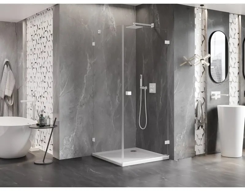 Mexen Lunar-B, pravostranný výklopný sprchový kút 70 x 70 cm, 8mm číre sklo, biely profil, 832-070-070-20-00-P