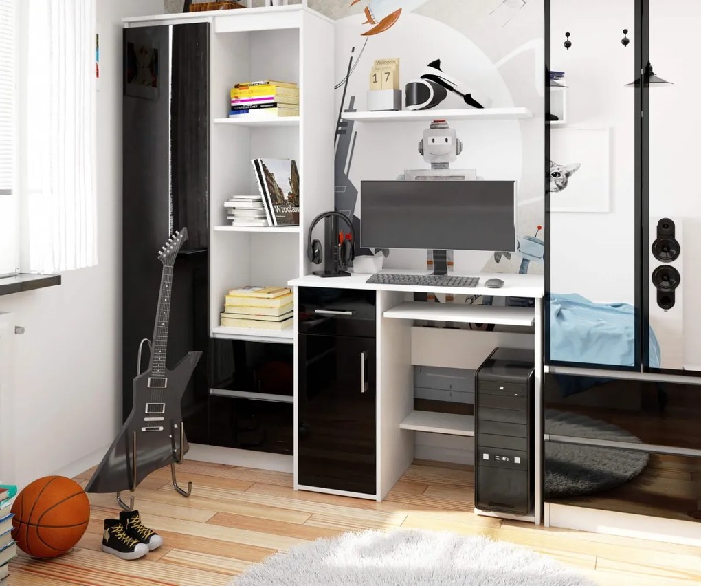 Volně stojící psací stůl Jay 90 cm bílý/černý lesk