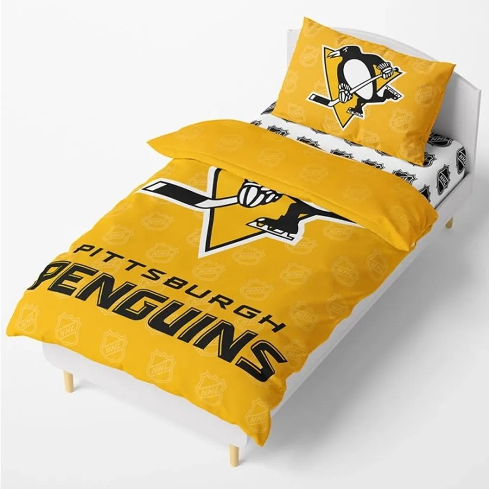 Hokejové posteľné obliečky NHL Pittsburgh Penguins Shields - 100% bavlna Renforcé - 70 x 90 cm + 140 x 200 cm