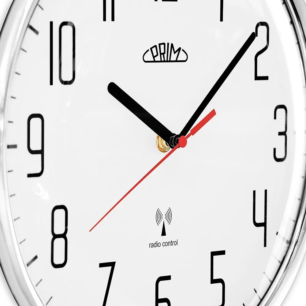 Plastové hodiny biele/lesklé strieborné PRIM Radio ∅ 292 × 48 mm