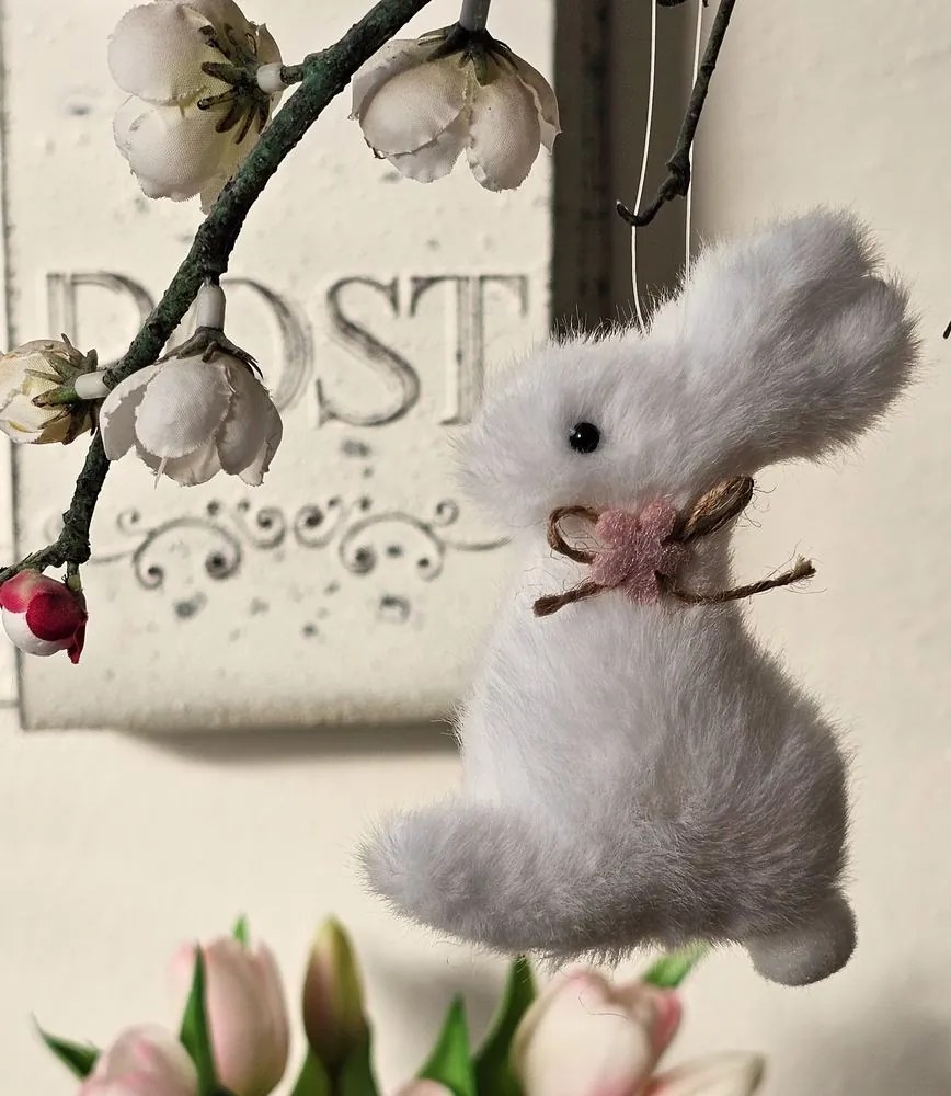 Velikonoční přívěsek králík 10 cm bílý bavlněný ozdobný přívěsek - 7*3*10 cm