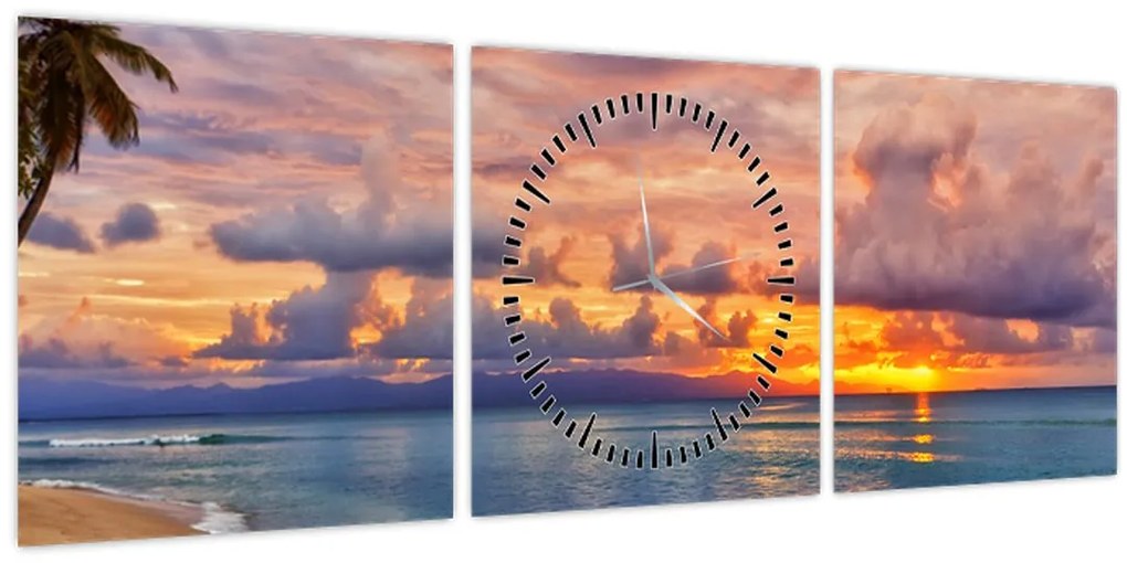 Obraz - Západ slnka na pláži (s hodinami) (90x30 cm)