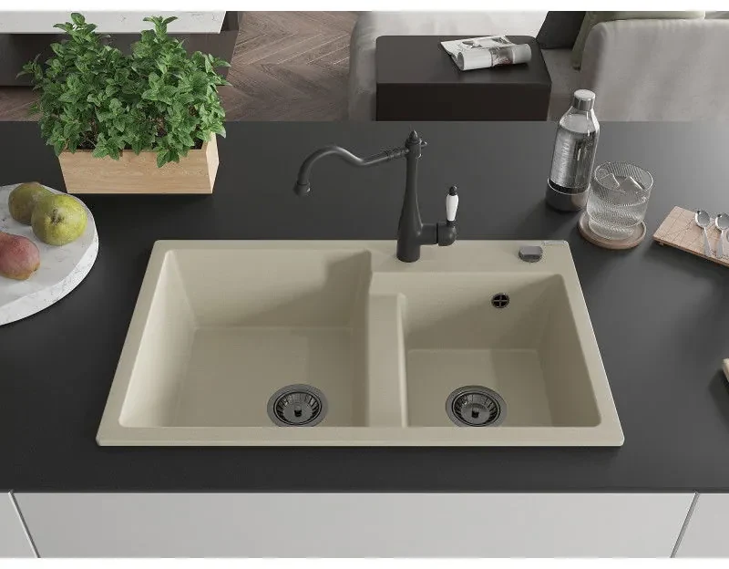 Mexen Tomas, granitový drez 800x500x190 mm, 2-komorový a drezová batéria Carla, béžová, 6516-69-670700-70