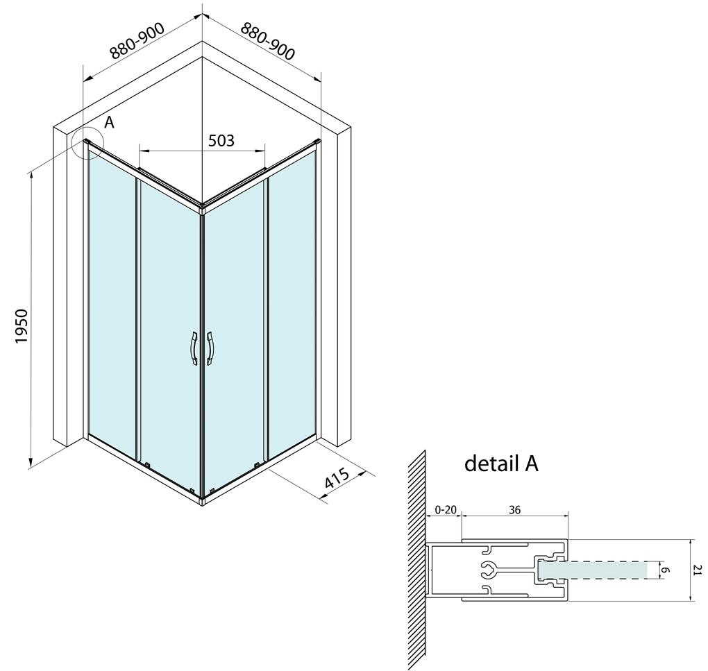 Bruckner, BORG štvorcová sprchová zástena 900x900x1950 mm, 6mm číre sklo, chrómový profil, 751.190.1
