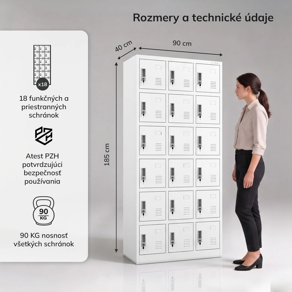 Zamestnanecká skrinka s priehradkami biela, 900x1850x400 mm: KAROL