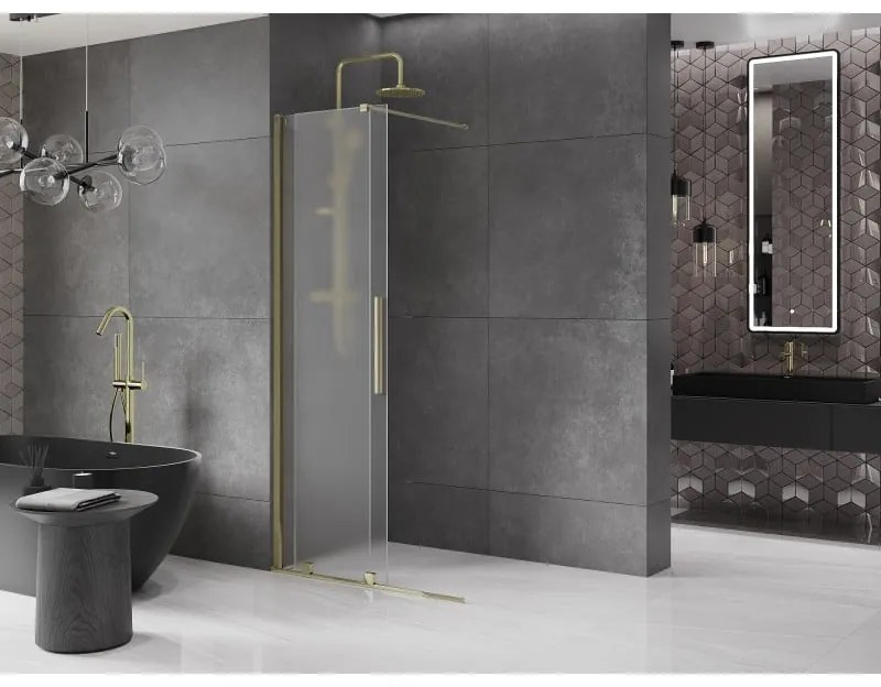 Mexen Velar, sprchová zástena s posuvnými dverami Walk-in 90 x 200 cm, 8mm sklo námraza, zlatá lesklá, 871-090-000-33-50