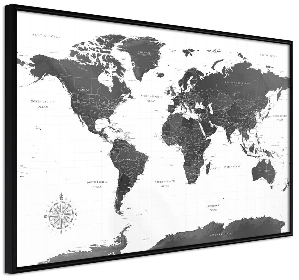 Artgeist Plagát - Monochrome Map [Poster] Veľkosť: 60x40, Verzia: Čierny rám s passe-partout