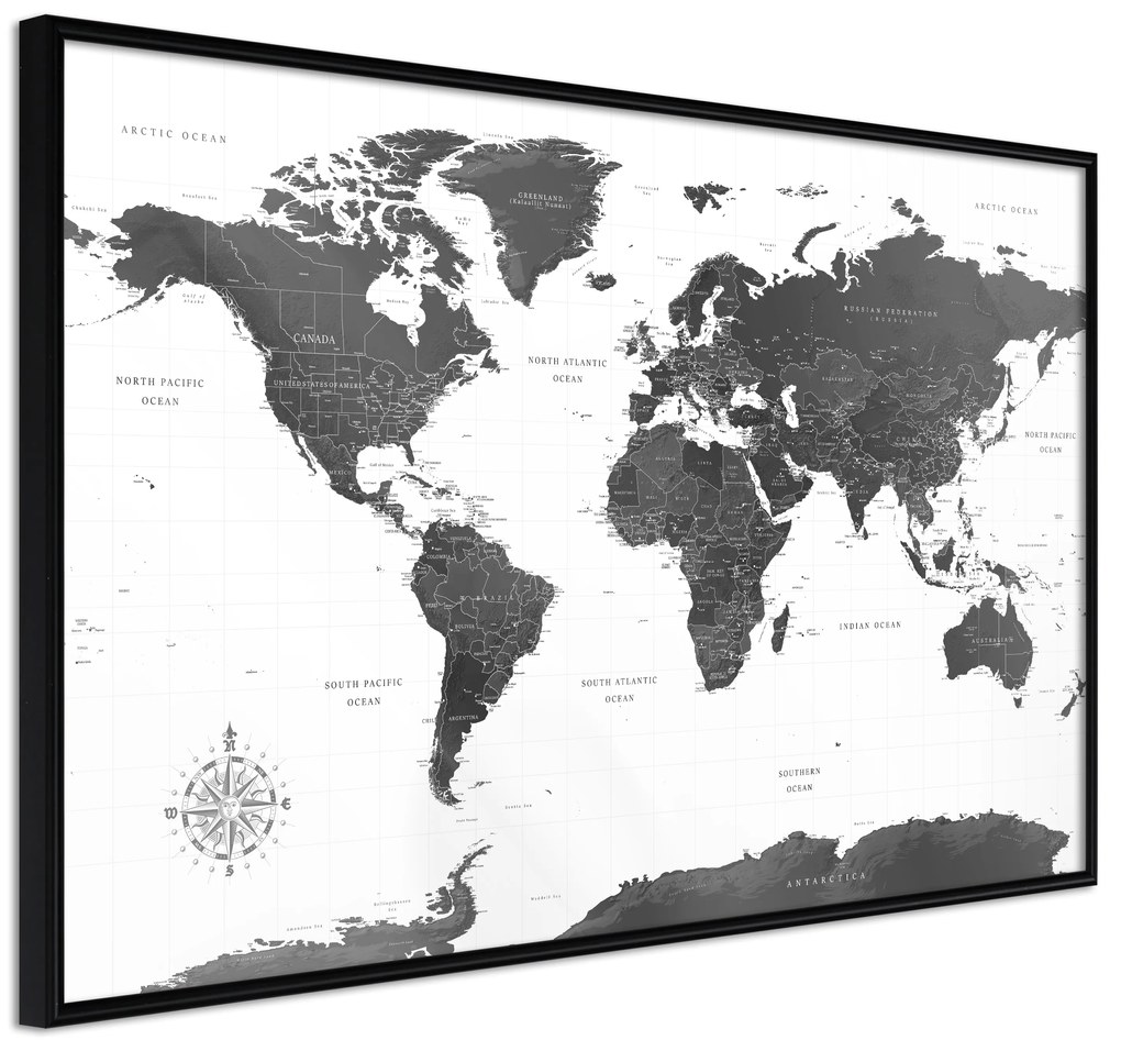 Artgeist Plagát - Monochrome Map [Poster] Veľkosť: 90x60, Verzia: Čierny rám