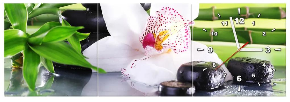 Gario Obraz s hodinami Biela orchidea a kamene - 3 dielny Rozmery: 100 x 70 cm