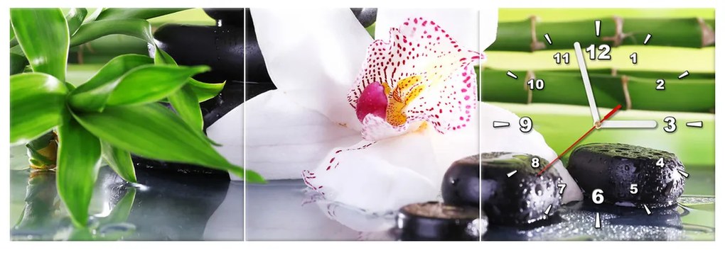Gario Obraz s hodinami Biela orchidea a kamene - 3 dielny Rozmery: 90 x 70 cm