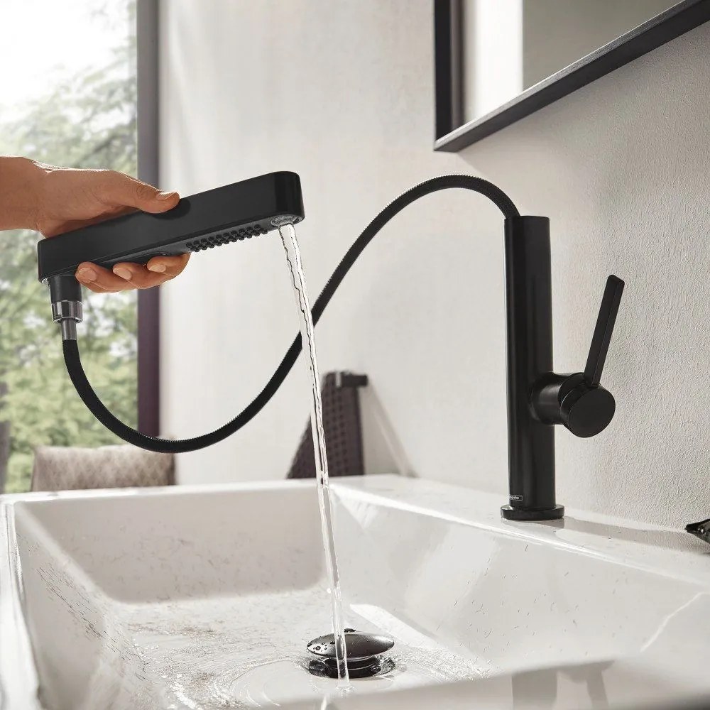 HANSGROHE Finoris páková umývadlová batéria s vyťažiteľnou sprškou s prepínaním, 2jet, s odtokovou súpravou Push-Open, výška výtoku 229 mm, matná čierna, 76063670